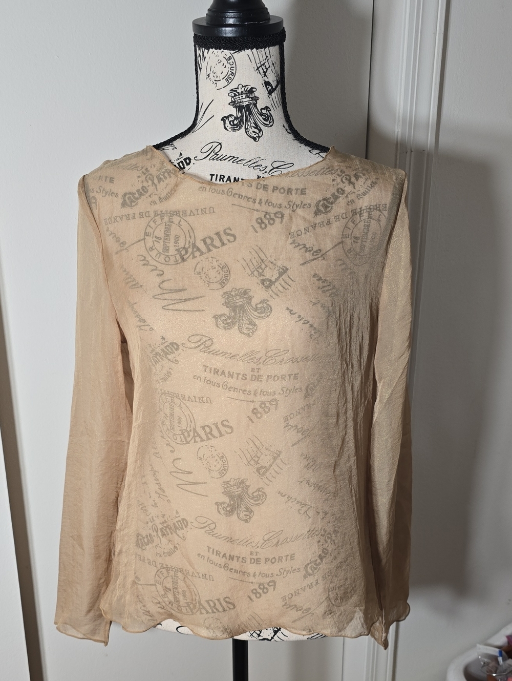 Zara Tan/Beige With Gold Sheen Sheer Long Sleeve Blouse